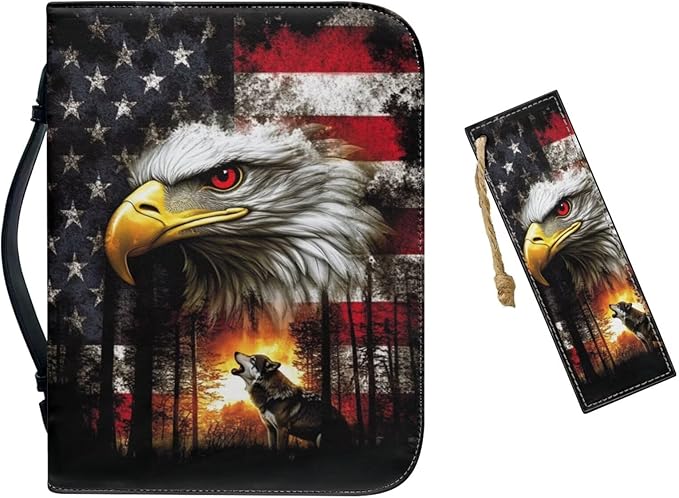 Medium Bible Cover Case for Women Men American Flag Wolf Bald Eagle Print PU Leather Bible Case with Bookmark Church Bag Book Carrying Case Bible Cover for Women Men Bible Case for Men Women
