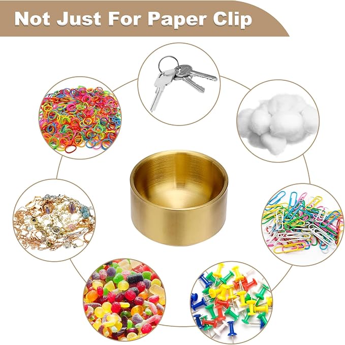 BTSKY 1 Pack Golden Paper Clip Holder, Stackable Paperclip Box Metal Storage Bowl for Office Supply Accessories, Round Small Storage Holder Cute Jewelry Organizer for Office Bathroom Vanity