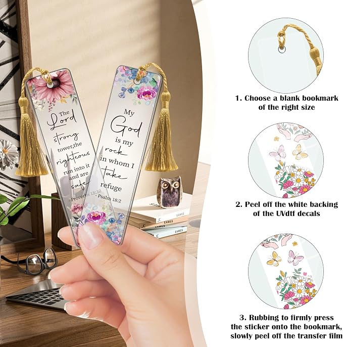 AFRITEE Blank Acrylic Bookmark Stickers - 24 Sheets Bible Inspirational Quotes UV DTF Sticker for Blank Bookmark, Christian Flowers Rub on Transfer Decals DIY Bookmarks Decoration Gift for Book Lover