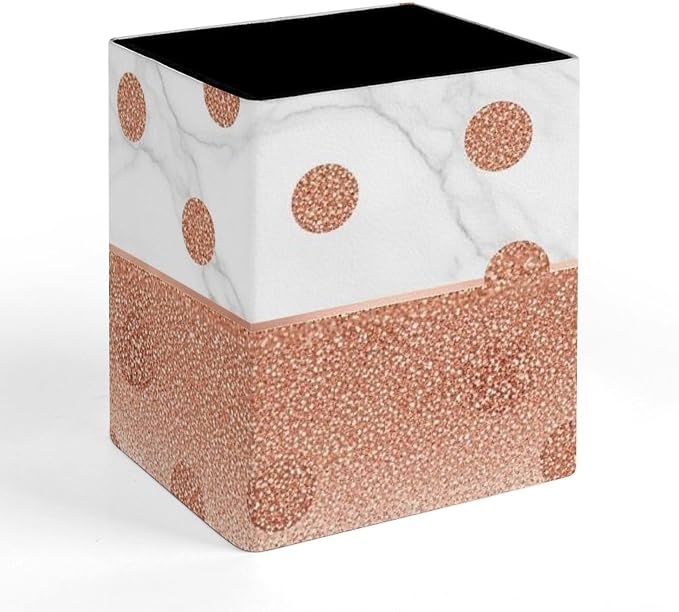 Pen Holder Square Leather Pencil, Holder Cup Makeup Brush Storage Organizer, Waterproof Multifunctional Office Supplies Modern Rose Gold Pink Glitter Dots White Marble