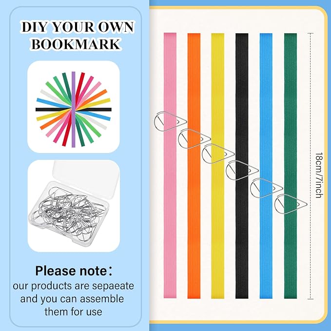Elastic Bookmarks Set Multi Color Elastic Rope Bands Planner Bookmarks Include 30 Pcs Stainless Steel Teardrop Paper Clips and 12 Pcs Bands for Office School Reader(Bright Color)