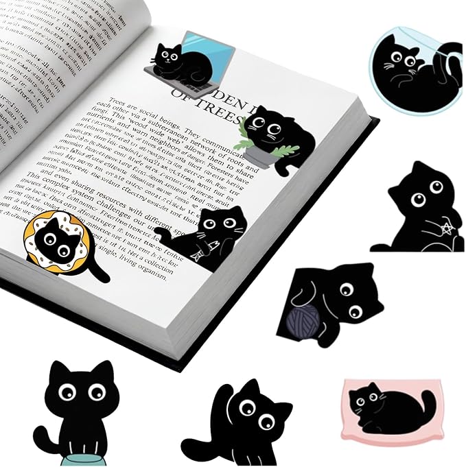 TenKa 10 Pcs Magnetic Bookmarks Cute Black Cat Bookmarks, Bookish Gifts for Book Lovers Women Readers, Kawaii Magnet Book Markers Reading Accessories Cat Themed Gifts for Teachers