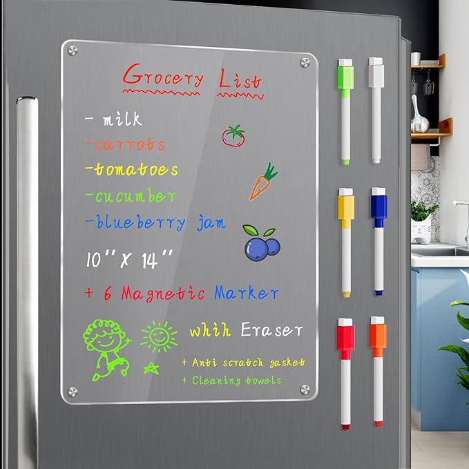 JonXon Acrylic Magnetic Dry Erase Board for Fridge 10"x14" Clear Acrylic Magnet Board for Refrigerator,Includes 6 Colors Magnetic Markers(Clear Blank)