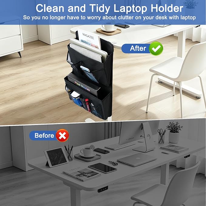 Desk Side Storage, Sesktop Storage Pouch, Drill-free Laptop Holder, Clip-on Multifunctional Laptop Stand with Pen Holder, Hanging Desktop Storage Rack for Home Offices