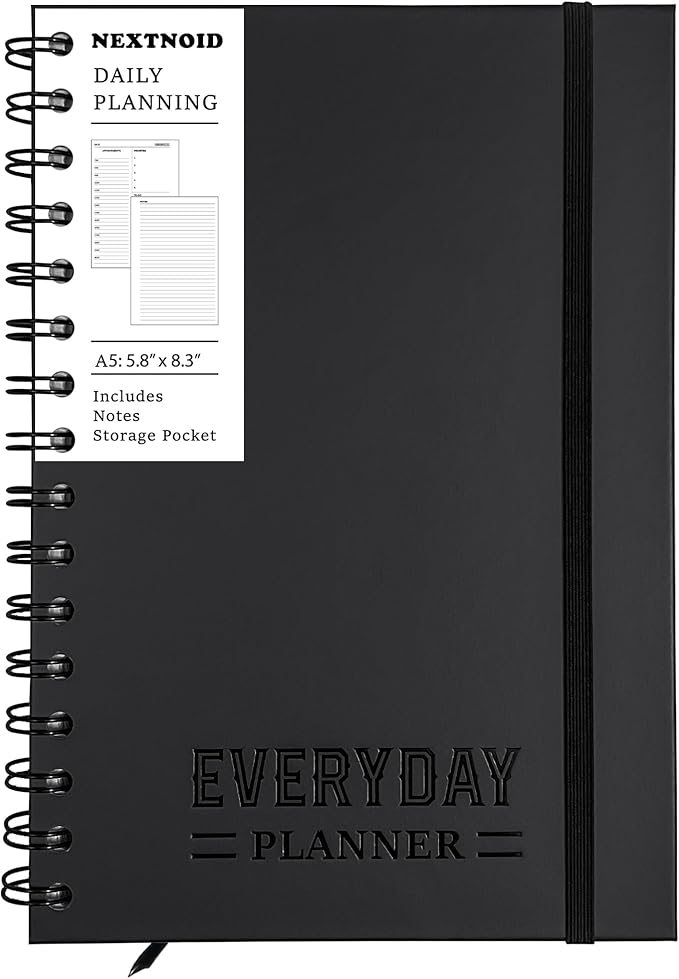 Undated Daily Planner Notebook With Hourly Schedule - Hardcover Appointment Day to do List Notebook for Women & Men - A5(5.7" x 8.3") Spiral Black