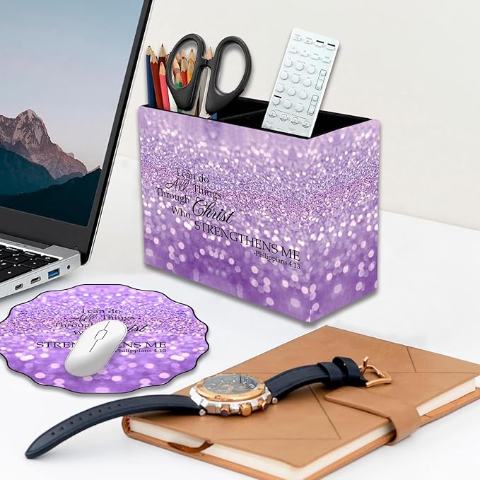 Pen Holder and Anti-Slip Mouse Pad Combination, Makeup Brush Storage Box, Tableware Storage Box, Suitable for Office and Home - Purple Glitter Quote Philippians 4-13