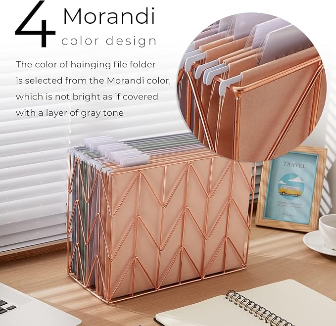 Y YOMA Hanging File Organizer, Letter Size Rose Gold Metal Desk File Crate Storage Basket for Home Office, 1 Pack, with Morandi Folder Combo
