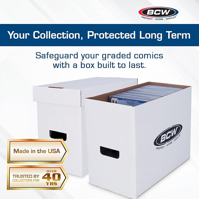 BCW Graded Comic Book Storage Box - 5 Pack | Durable White Corrugated Paper | Fits CGC Comics, Holds 35-40 Graded Comic Books | Double Thickness Handles & Reinforced Bottom