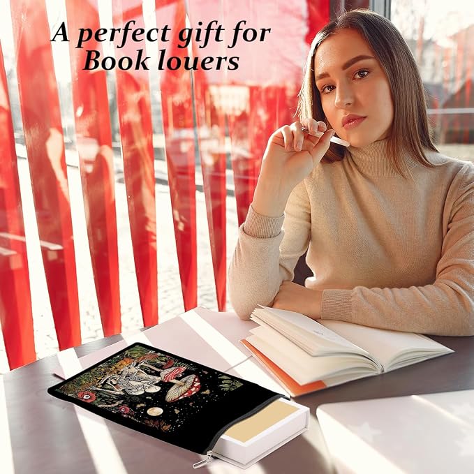 Floral Romantic Skull Book Sleeve Books Lovers Gifts Aesthetic Book Cover Protector with Zipper and Front Pocket Books Pouch Accessories Bookish Gifts Mushroom Gift for Women Readers Wife