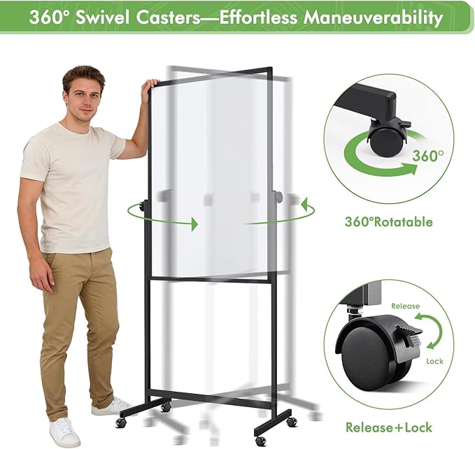 Rolling Whiteboard on Wheels, 32x48 Inches Double-Sided Magnetic Dry Erase Board with Stand, Height Adjustable Mobile White Board Easel for Classroom Home Office Black