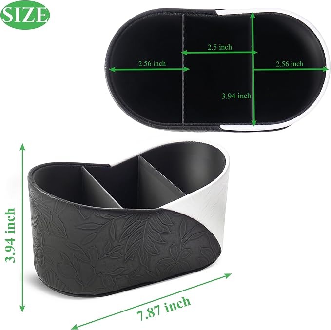 Two Leaves Shaped Leather Art Supply Organizer,Remote Control Holder,Multi-Functional Pencil Holder,3 Compartments Desktop Stationary Organizer(1-Black White)