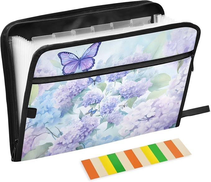 Expanding File Folder Purple Hydrangea Flower Butterfly Accordion File Organizer 13 Pockets Document Organizer with Zipper Labels A4 Letter Office Storage