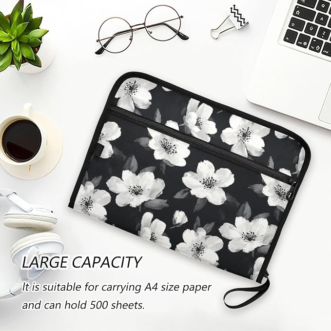 Black White Flowers Accordion File Organizer Expanding Document Folder with 13 Pockets Portable File Folder for A4 Letter Size