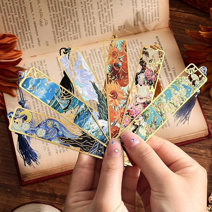 icceemee 12 Pieces of Gold Hollow Bookmarks with Tassels, Featuring Van Gogh and Monet Oil Painting Themes Perfect for Book Lovers, Writers, Readers, Children, Teenagers, Men, Women, and Adults