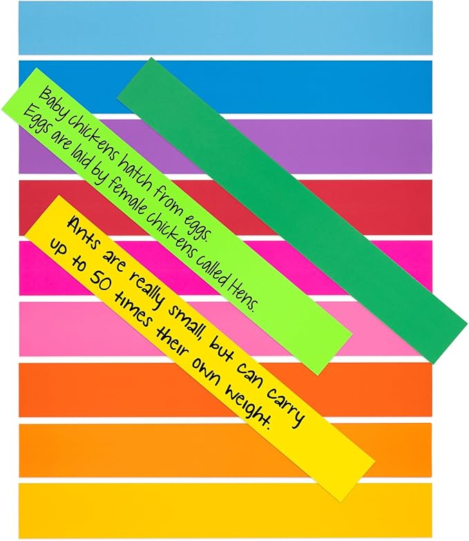 Hygloss Unruled Sentence 3" x 23" Text Weight Paper 10 Assorted Colors, Ideal Teacher Supplies for Classroom-Pack of 250 Strips