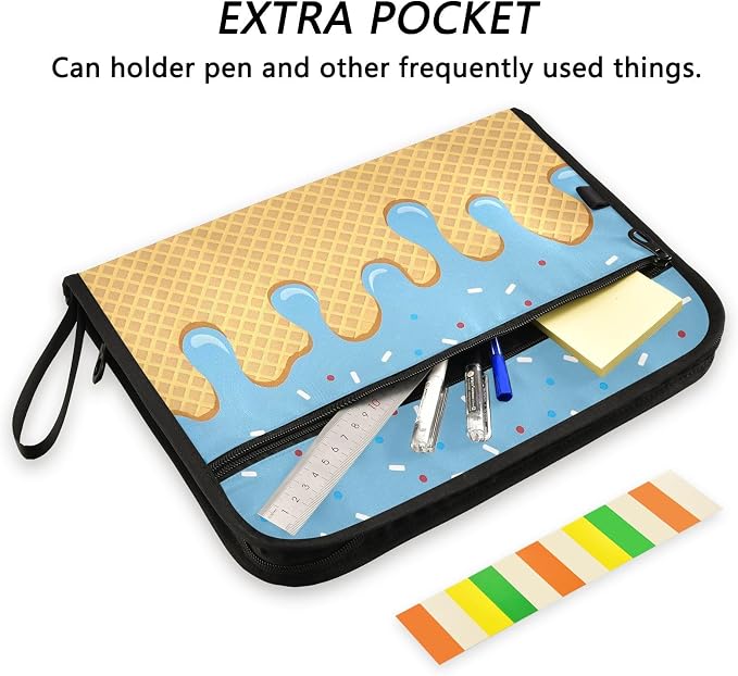Expanding File Folder Blue Ice Cream Drip Accordion File Organizer 13 Pockets Document Organizer with Zipper Labels A4 Letter Office Storage