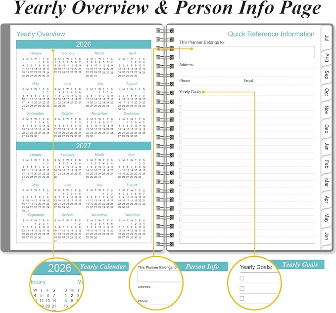 2026-2027 Planner - Weekly and Monthly Calendar Planner from Jul 2026 - Jun 2027, Planner 2026-2027 Spiral Bound with 12 Monthly Tabs, Inner Pocket, Perfect for School Office Supplies, 6.4" x 8.5", Grey-C