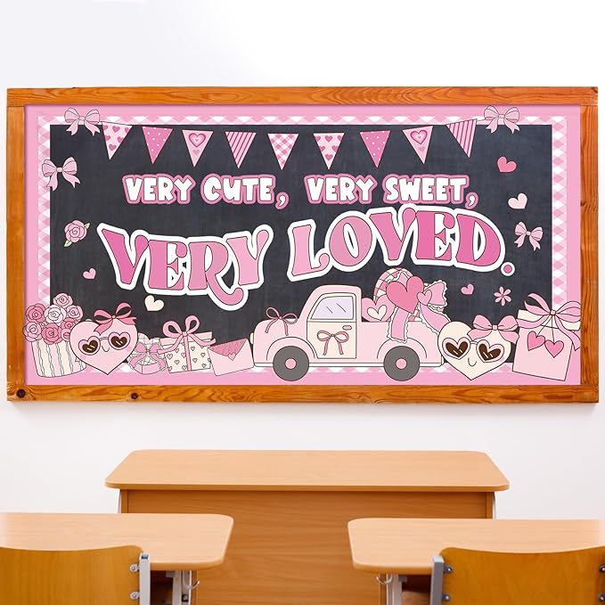 Glenmal Valentine's Day Bulletin Board Set Very Cute Sweet Loved Pastel Heart Girly Classroom Decoration Truck Flower Candy Cutouts for School Classroom Chalkboard Decoration