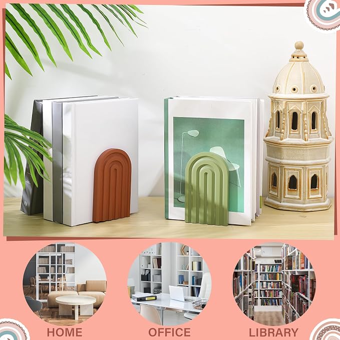 Harloon 4 Pcs Boho Arch Wooden Bookends, Decorative Rainbow Book Stoppers with Non-Slip Metal Base, 5x3x4 Inches, Cute Shelf Decor for Heavy Books, Home Office Study Desk Organizer(Bright Color)