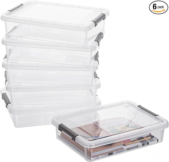 Citylife 6 PCS Clear Plastic Container Clip Box with Latching Lids, Stackable Document Paper Protectors Organizer Container for Office, Home, and School Supplies