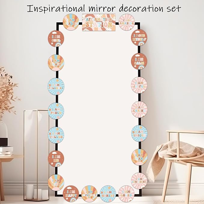 Naozinebi Hippie Affirmation Station Bulletin Board Set Groovy Positive Bulletin Board for Classroom Mirror Growth Mindset Decors Inspirational Motivational Accent Cutout for Home School Wall Supply