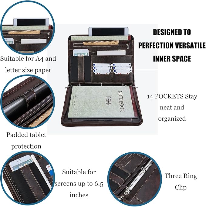 IVESIGN Zippered Padfolio Binder, Faux Leather Organizer with 3-Ring Binder, Left-Handed Design, Business Card Slots & Document Folders - Professional Padfolio for Office (Dark Brown)