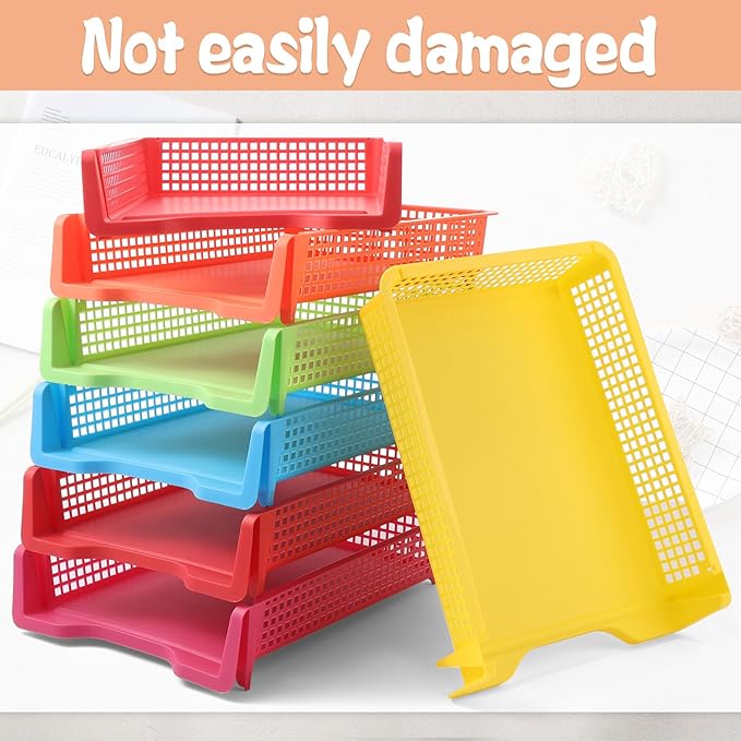 7 Pack Colorful Turn in Trays Classroom Plastic Stackable Paper Tray Teacher Office Files Document Storage Playroom Organization for Office Home Teachers Organization Storage, 9 x 13 x 3 Inches
