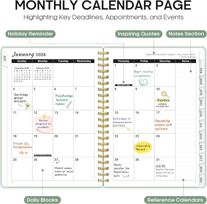 2026 Planner, Weekly and Monthly Calender Planner, Jan 2026 to Dec 2026, Hardcover 2026 Calendar Book with Tabs & Inner Pocket, Office Home School Supplies for Women & Men - A5 (6.3" x 8.5"), Mint
