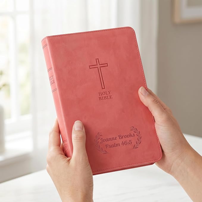 Printualist Personalized KJV Value Thinline Holy Bible with Name Engraved, Red Letter King James Version, Faux Leather Pink Cover, Custom Gift Bible for Christian Celebrations