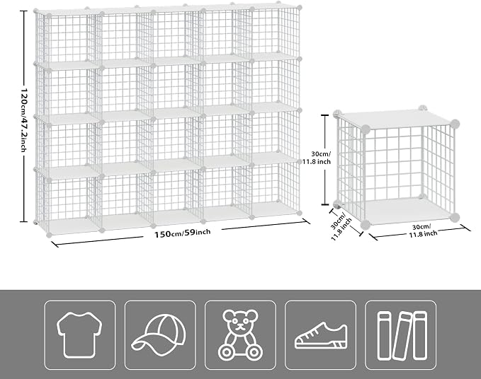 HUBSON Wire Cube Storage Organizer, Book/Toy/Craft/Potted Plants and petCloset Organizers and Storage Shelves, 20-Cube Freely Combinable Metal Grids Storage Shelf,White Plus Iron