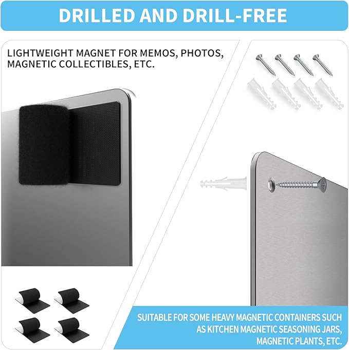 17.7" x 11.8" Stainless Steel Magnetic Board - Magnet Bulletin Board to Display Magnetic Letters Numbers Animal, Poetry, Spice Jars, Notes, Photos, Suitable for Wall, Refrigerator, Cubicle, Cabinet