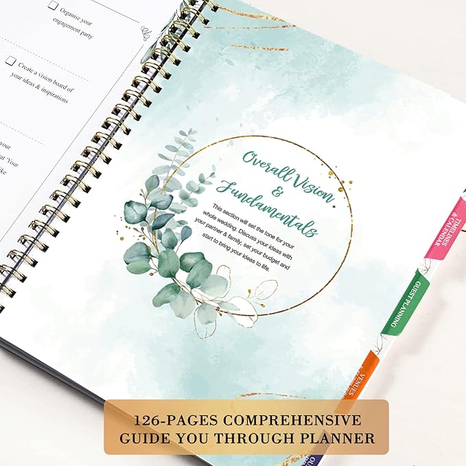 Wedding Planner & Organizer - Wedding Planner Book and Organizer for the Bride, Wedding Planning Book with 5 Tabbed Sections, 9" x 11.9", Hardcover with Metal Corner + 5 Inner Pockets + Elastic Closure - Romantic Floral
