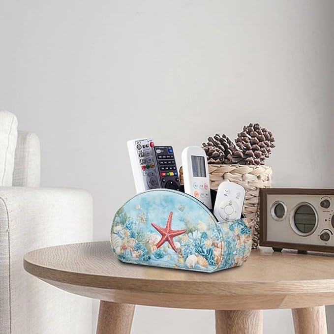 Forchrinse Hawaii Starfish Remote Control Holder Modern Leather TV Remote Caddy for Table Desktop Organizer with 5 Compartment for Office Supplies,Home