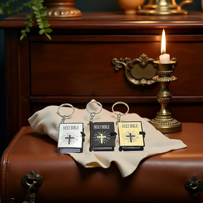 Jowxsx 3 Pcs Bible Keychain,Miniature Real Bible Key Chains Keyrings Handbag Pendant Xmas Gift Religious Favors Black Silver Gold Bible Covers, Book and Bible Covers