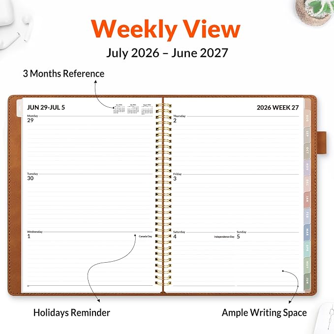 SUNEE 2026-2027 Weekly & Monthly Planner 9"x11.2" - 12 Month (July 2026 - June 2027), Vegan Leather Cover Planner Academic Year Calendar, Pocket, Notes, Monthly Tab, Brown
