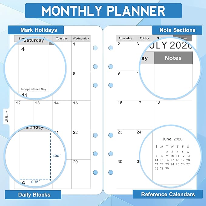 2026-2029 Planner Refills - A6 Planner Inserts with 6-Hole Punched, July 2026 - June 2029, 3 Year Monthly Planner Refills, 3-3/4" x 6-3/4", A6 Binder Inserts, 2026-2029 Monthly Planner with Tabs