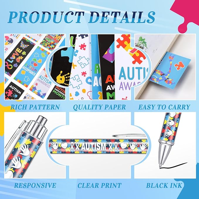 Motiskyy 48 Pcs Autism Awareness Pens and Bookmarks Bulk Breast Cancer Mental Health Accessories Colorful Autism Awareness Stuff for Social Charity Public Event Education Supplies Motivational Gifts