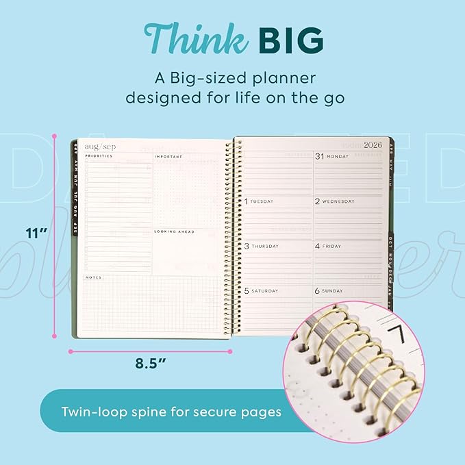 GO BIG Large-Print Planner April 2026–June 2027, 15-Month Twin-Loop-Bound Agenda Planner, Big Size, 8.5" x 11", Easy-to-Read Large Dashboard Layout, Hunter Green Cover