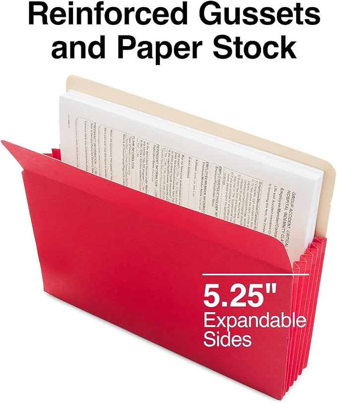 Staples Expanding File Pockets, Letter Size, Extra‑Capacity 5.25‑Inch Expansion, Durable Construction, Assorted Colors – 15/Carton