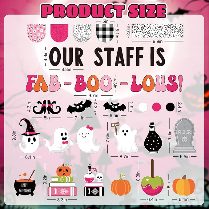 JarThenaAMCS 97Pcs Halloween Ghost Bulletin Board Decoration Set Pink Cute Ghost Boo Pumpkin Paper Cutouts with 100Pcs Glue Points for Halloween Birthday Party Classroom