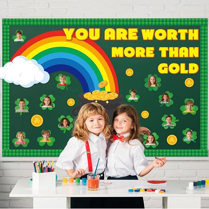 Lonfliness 111Pcs St. Patrick's Day Bulletin Board Classroom Decorations Shamrock Cutouts Gold Coin Bulletin Board for Teacher Nursery Classroom Door Wall Craft Photos Decor St. Patrick Party Supplies