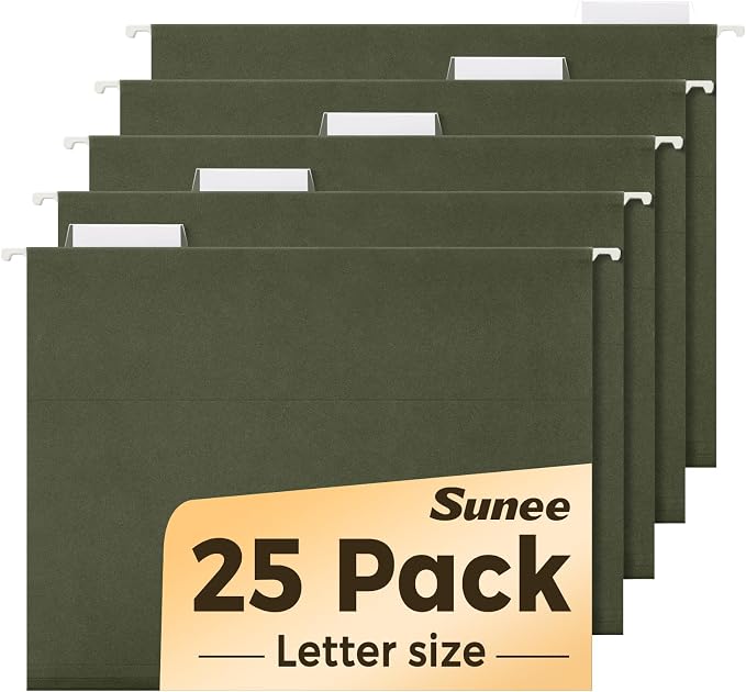 SUNEE Hanging File Folders, 25 Pack Reinforced Hang Folders Letter Size, Adjustable 1/5-Cut Tabs, Designed for Bulky Files, Filing Cabinet, Standard Green