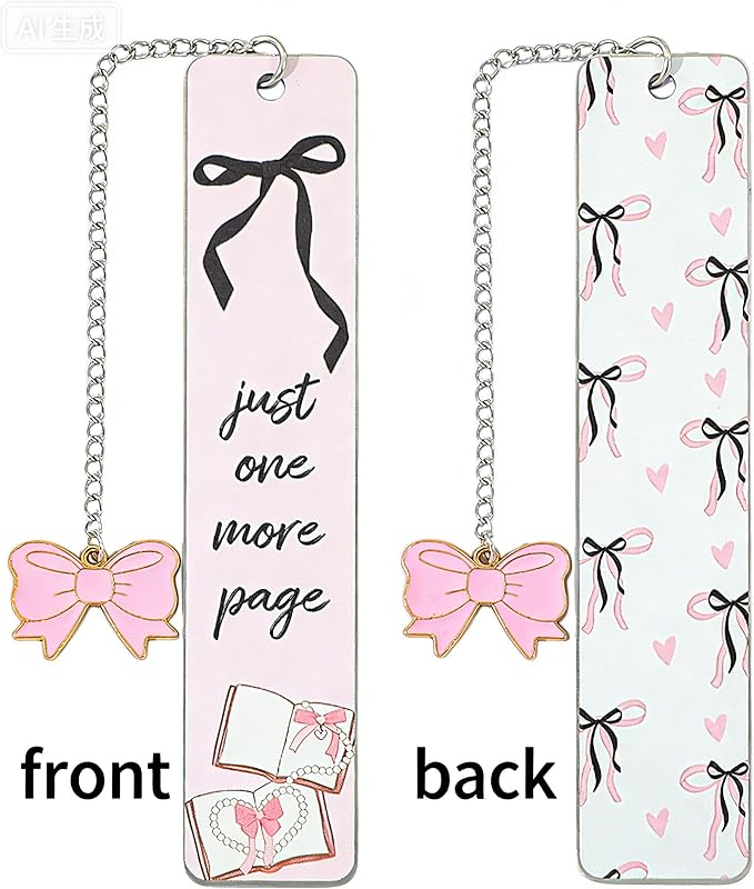 Pink Bowknot Stainless Steel Bookmark - Printed with Cute Bowknot Patterns & Equipped with Heart Pendants, Ideal for Female Readers, Perfect Birthday Gift for Girlfriends (Double-Sided A)