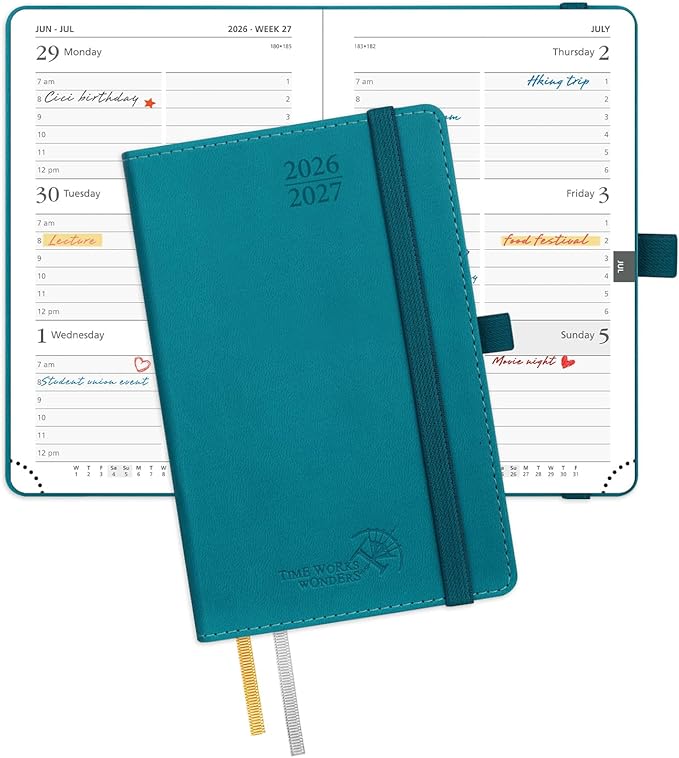POPRUN Pocket Planner 2026-2027, Purse Size-4" x 6.25", Pocket Calendar (July 2026-June 2027) for Purse, Academic Small Weekly Planner with Hourly Slots, Leather Soft Cover, 100GSM - Pacific Green