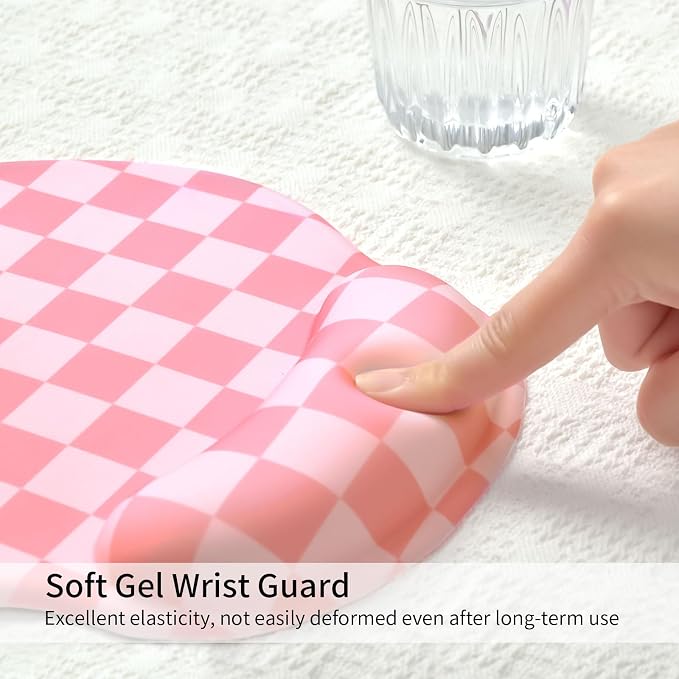 Retro Checkered Mouse Pad with Support Wrist Rest,Cute Funny Boho Ergonomic Mouse Pad with Non-Slip Base for Office Gaming Working Computers,Desk Accessories Pain Relief,Rose Pink