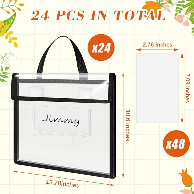 Teling 24 Pack Thick Clear Book Pouches with Blank Name Tags and Handles Book Baggies Bags Bins Organizer for School Classroom Library Pockets Students (14 x 11 Inch,Black)
