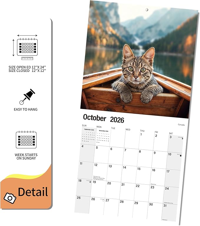 Wall Calendar 2026 Planner Calendar - Cat arond a world Hangable Monthly Wall Calendar with Large Blocks for Organizing & Planning, Academic Schedule, Home, Office & family, Thick & Sturdy Paper (12"x24" Open)