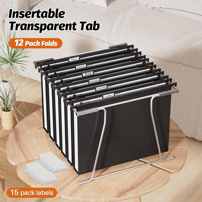 SHUTEX Extra Capacity Plastic Hanging File Folders,12 Pack Reinforced Hang Folder,Heavy Duty 1 Inch Expansion,Filing Cabinet Folders Letter Size for Bulk Files/Medical Charts, Black