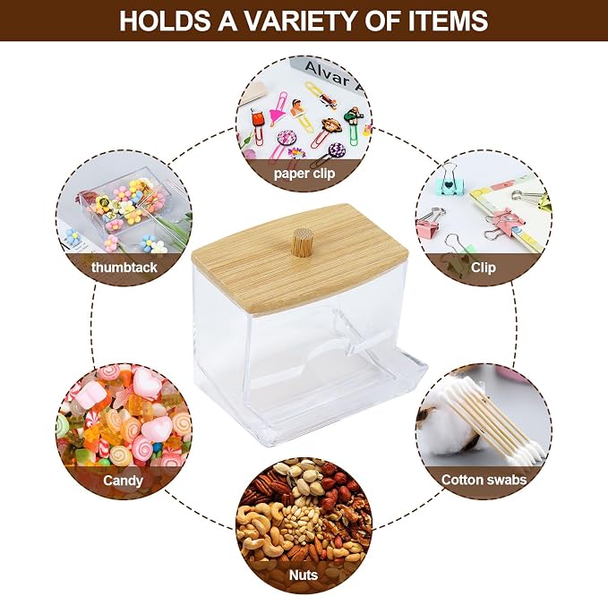 Mulitbey 2-Pack Acrylic Paper Clip Holder with Bamboo Lid – Thick Acrylic Self-Dispensing Desk Organizer Square Paper clip dispenser Cute Qtip Holder for Office, Vanity Bathroom (Clips Not Included)