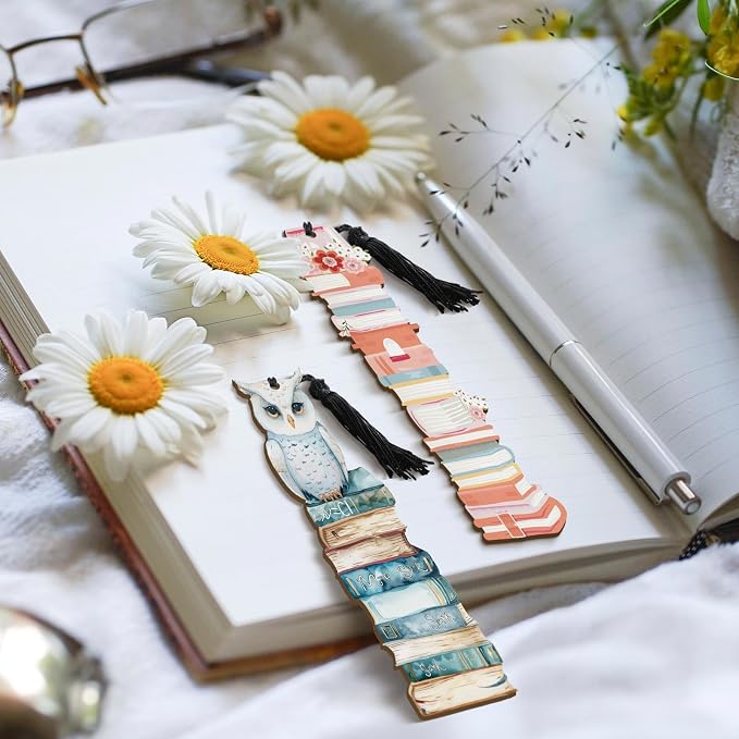 Colarr 12 Pcs Wood Bookmarks for Woman Book Club Gift for Book Worms Books Lovers Bookmarks Bulk with Tassels for Reading Party Favors Books Exchange Club Men & Women Friends(Modern)
